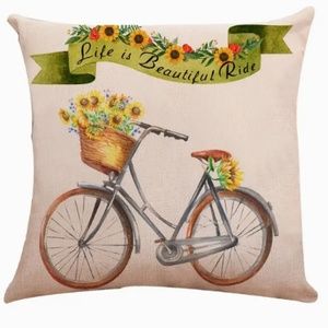 NEW LIFE IS BEAUTIFUL RIDE VINTAGE BICYCLE SUNFLOWERS LINEN PILLOW COVER 17.7"